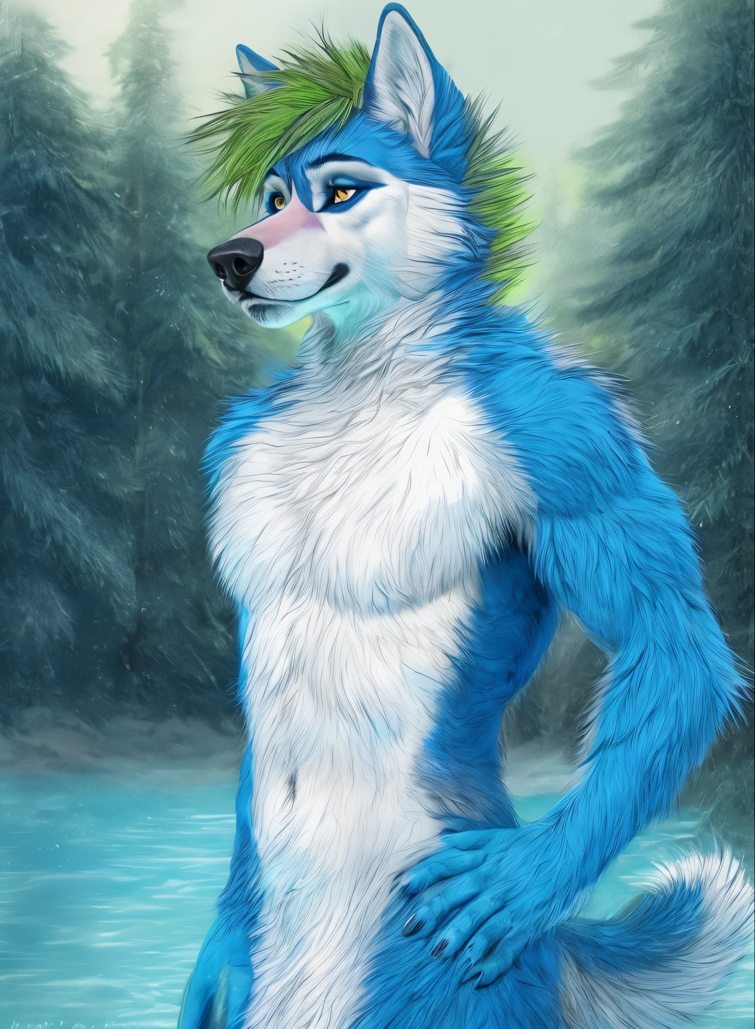 anthro husky man furry in the forest shirtless detailed fur long fur realistic fur digital art