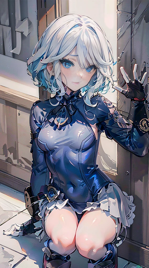 masutepiece, Best Quality, Pose leaning against wall,Squat ,Crab crotch,leotard,highleg, Elegant, 1girl in, thigh high boots, well-muscled,Cute, blushed, Looking at Viewer, From above,, Mini skirt, White and black striped T-shirt, Blue eyes, Beautiful eyes, Beautiful background, light Particle, Sun rays, Dramatic Lighting, Outside, shiny, Realistic, masutepiece, Best Quality, Ultra-detailed, Detailed, Scenery, Beautiful detailed eyes, detailed hairs