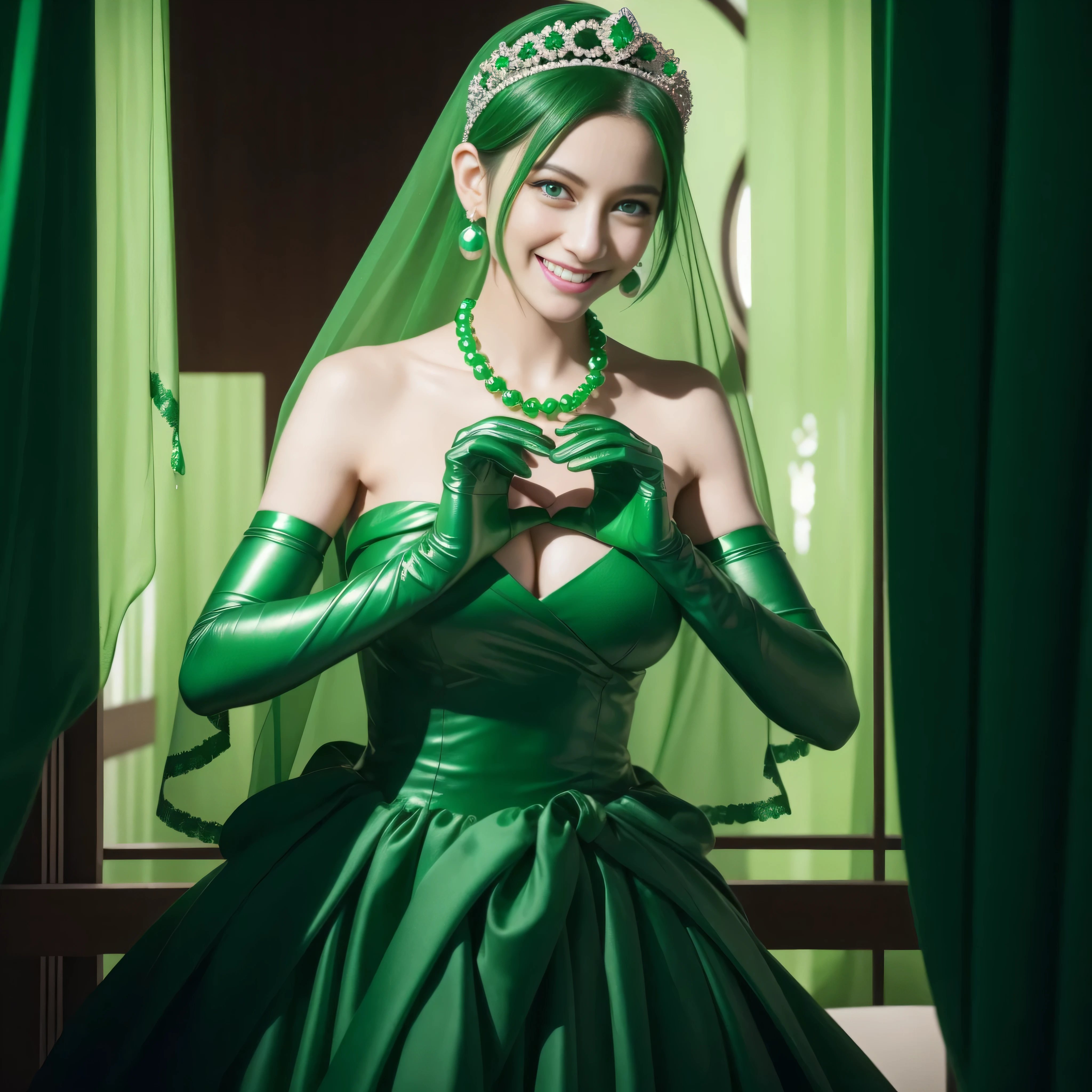 emerald tiara, Green Pearl Necklace, Boyish very short green hair, lipsticks, Japan woman smiling, very short short hair, big breasts beautiful, Green eyes, Long green gloves made of satin material, Green eyes, Emerald Earrings, green vale, Heart with both hands, Green hair