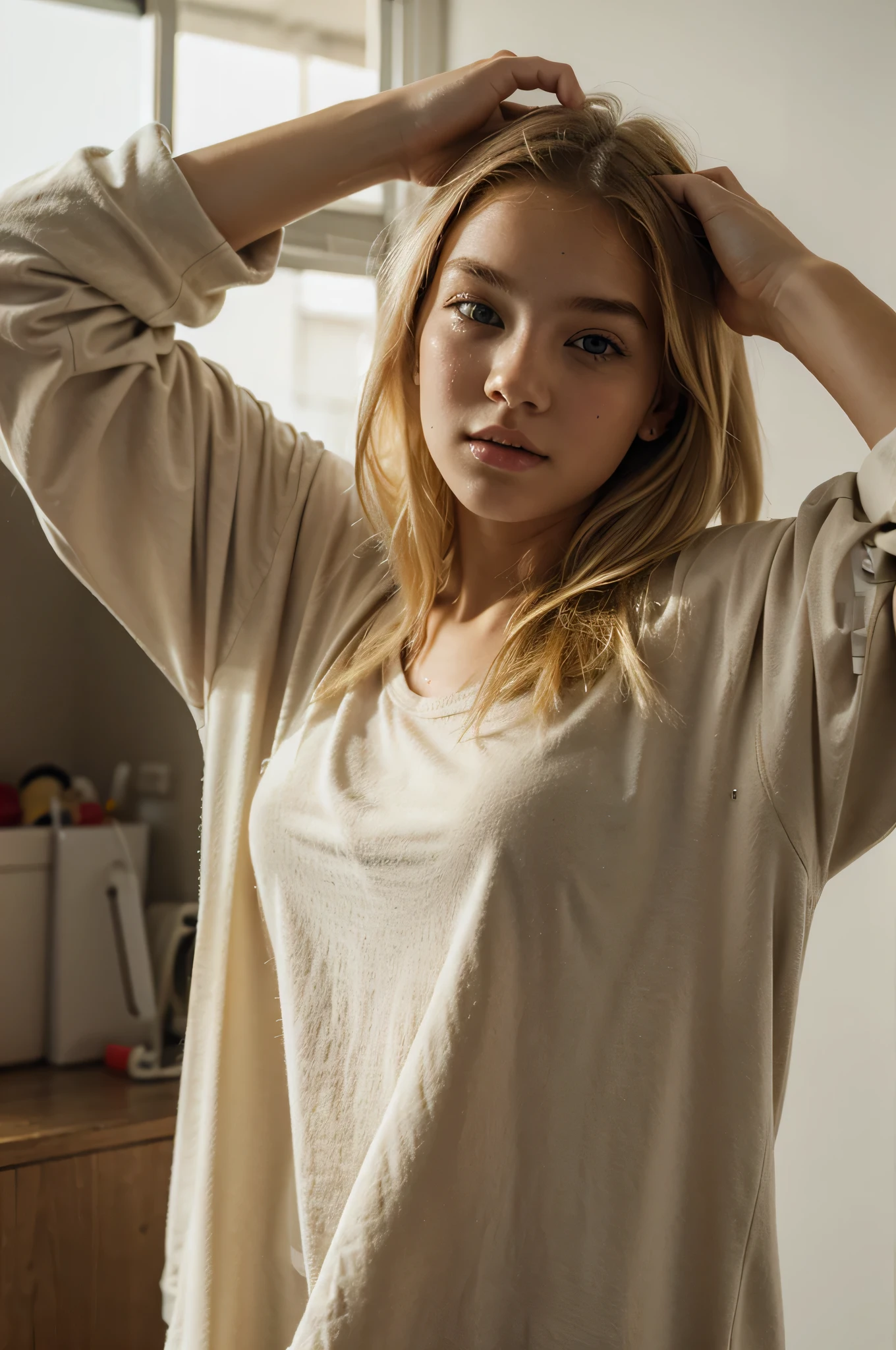 young blonde girl with oversized clothes and pimples