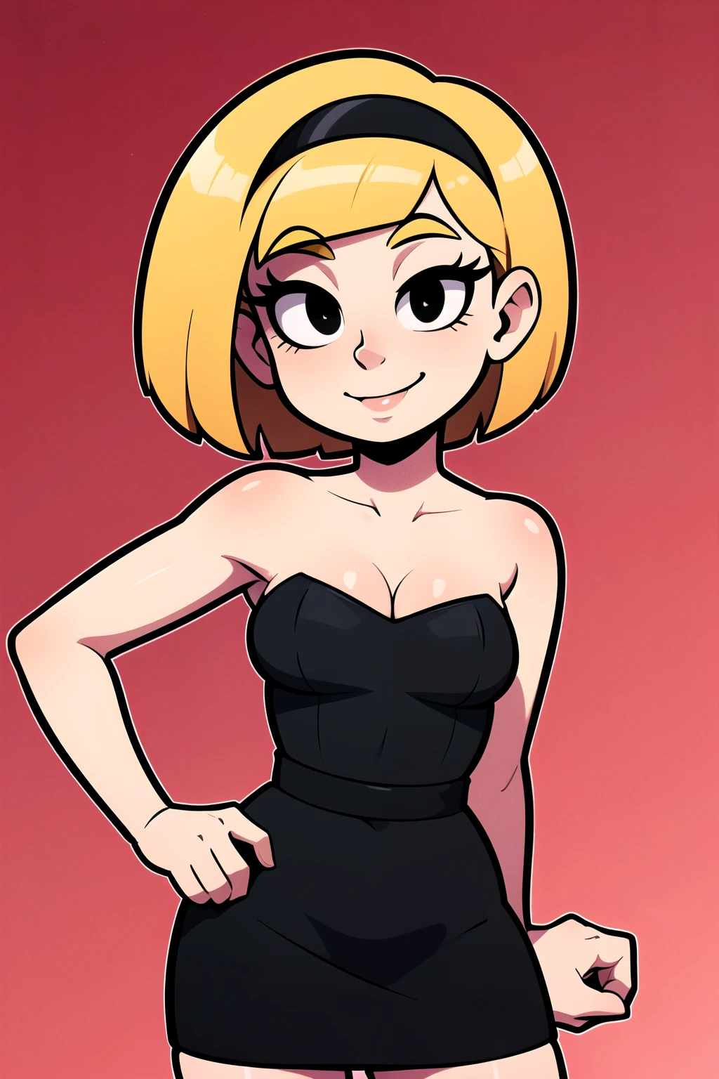 (masterpiece:1.4), (best quality:1.4), (high resolution:1.4), cartoon style, smile, short hair, blonde hair, bob cut, black hairband, bare shoulders, little black dress, black pencil skirt, looking at viewer, detailed face, detailed eyes, black eyes, small breasts, slim, wide hips, dynamic pose, solo, 1 girl, fancy hotel background,