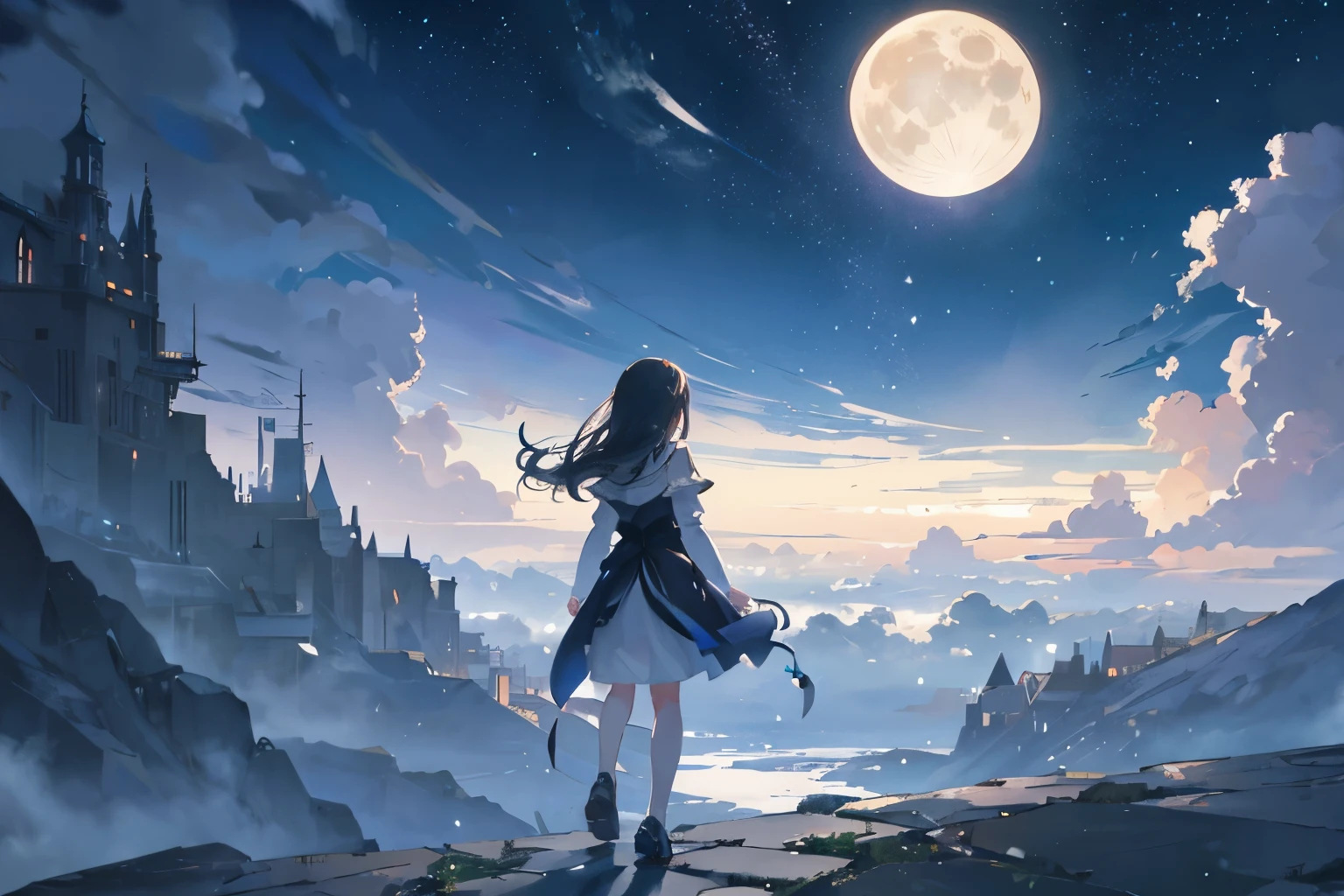 Create exquisite illustrations reminiscent of Makoto Shinkai's style, It has ultra-fine details and top-notch quality. Generate a high-quality illustration featuring the silhouette of a girl walking under the moonlight at night, creating an overall fantastical and intricate atmosphere. Craft a masterpiece with meticulous attention to detail, capturing the ethereal play of shadows and moonlight. The artwork should evoke a sense of mystery and wonder as the girl strolls through the night, with the moon casting enchanting reflections. Aim for the best possible quality, delivering a visually captivating and emotionally resonant composition.