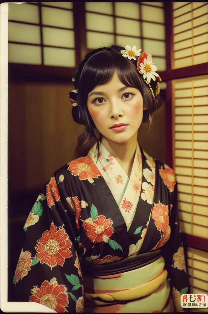 (Flicker effect:1.4)(analog film photo:1.4)(vintage photo:1.4)(portra 400:1.2)(instant film:1.3)in front of a traditional japanese room( woman in a floral textile kimono:1.2)1 woman, portrait, Korean idols, japanese beauty, high quality, (detailed face:1.4) best quality,8k