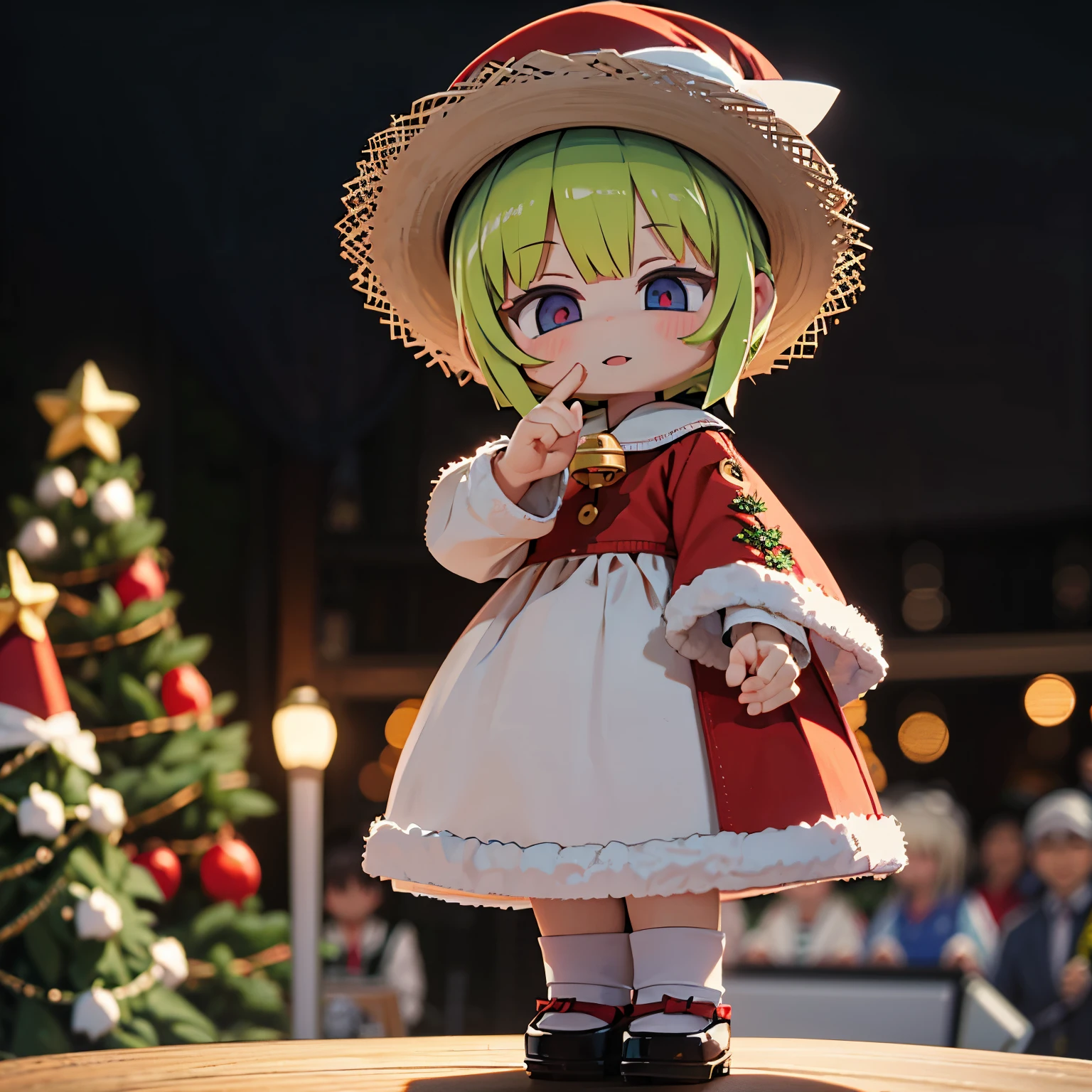 longshot、jumpping、Doll wearing a dress and straw hat、pop-up parade figures、anime figure、Christmas tree on background、Strong bokeh、Opens mouth and laughs、has a handbell in hand