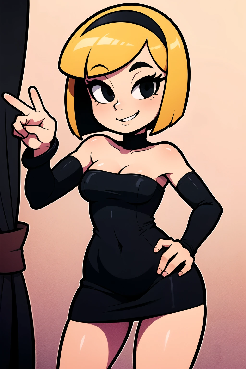 (masterpiece:1.4), (best quality:1.4), (high resolution:1.4), cartoon style, smile, short hair, blonde hair, bob cut, black hairband, bare shoulders, little black dress, black pencil skirt, looking at viewer, detailed face, detailed eyes, black eyes, small breasts, slim, wide hips, dynamic pose, solo, 1 girl, fancy hotel background, red curtain background