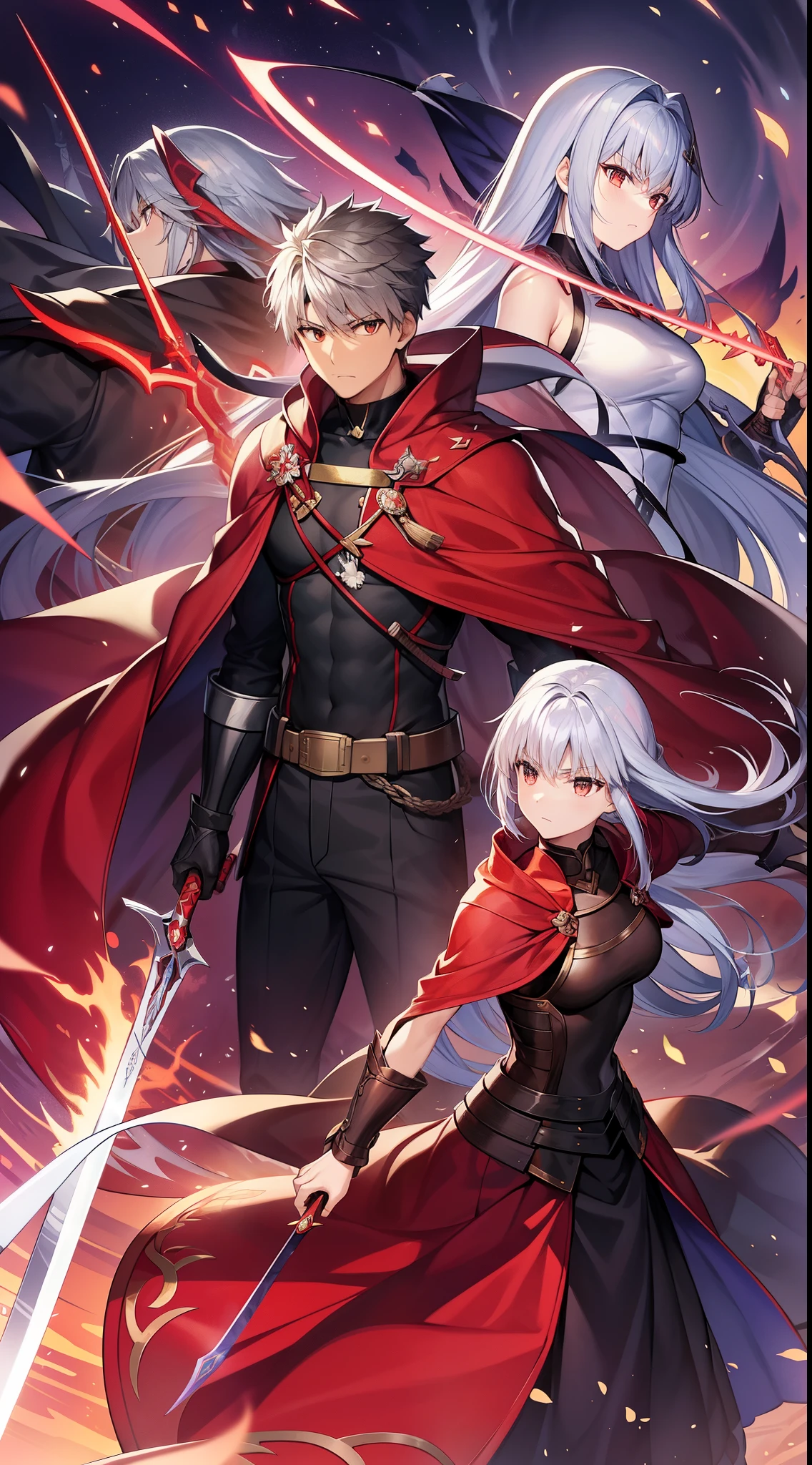 top-quality、Masterpiece、detaileds、Fate/Stay naight、Shiro Emiya、A pair of male and female swords Ganshou/Moya、Brown skin、silber hair、Shorthair、well-muscled、Muscle、red cloak、Made of Infinite Swords、The body is made of swords。Blood is iron、heart is glass。Undefeated through countless battles。Not even a single defeat、No just one victory。The bearer is here alone、Forging Iron on the Hill of Swords。If so、My life doesn't need meaning、This body was made of infinite swords.。I am the bone of my sword.Steel is my body, and fire is my blood.I have created over a thousand blades.Unaware of loss.Nor aware of gain.Withstood pain to create weapons,waiting for one's arrival.I have no regrets.This is the only path.My whole life was"unlimited blade works"