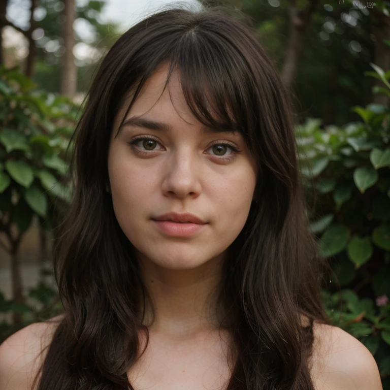 Photo of a pretty young 1girl, out in the forest, big cheeks, very long hair, black hair, side-swept bangs, side fring hair, medium size breasts, best quality, realistic, 8k,