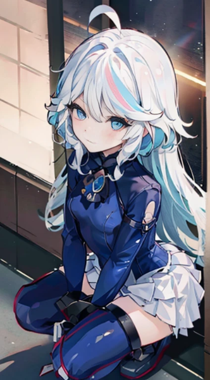 masutepiece, Best Quality, Pose leaning against wall,Squat ,Crab crotch,leotard,highleg, Elegant, 1girl in, thigh high boots, well-muscled,Cute, blushed, Looking at Viewer, From above,, Mini skirt, White and black striped T-shirt, Blue eyes, Beautiful eyes, Beautiful background, light Particle, Sun rays, Dramatic Lighting, Outside, shiny, Realistic, masutepiece, Best Quality, Ultra-detailed, Detailed, Scenery, Beautiful detailed eyes, detailed hairs