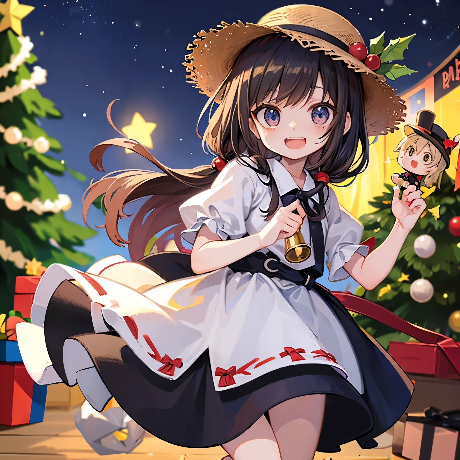 longshot、jumpping、Doll wearing a dress and straw hat、pop-up parade figures、anime figure、Christmas tree on background、Strong bokeh、Opens mouth and laughs、has a handbell in hand