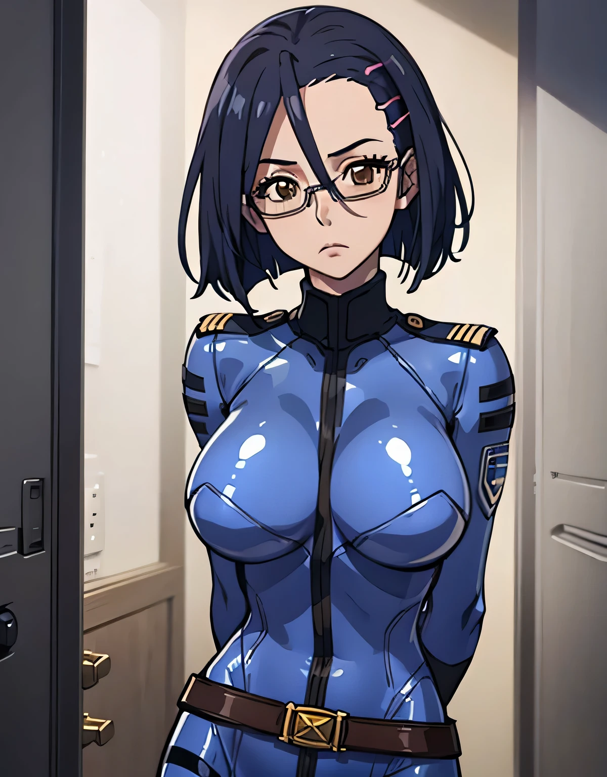 niimi kaoru,deadpan,Closed mouth,hair clips,Glasses,body suit,光沢のあるbody suit,uniform,Belt bag,Huge breasts,Looking at Viewer,Standing,((masutepiece)),((Best Quality)),Perfect Anatomy,8K UHD,extra detailed face,gloss and shiny,((1girl in)),((Solo)),Brown eyes,image perfect,(Upper body:1.1),(Look at the front:1.1),arms behind back,Slim waist,Shiny hair,Bedroom,