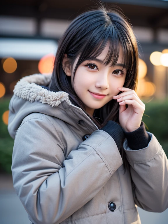 (8k, RAW photo, best quality, masterpiece, ultra detailed:1.2),(realistic, photo-realistic:1.4), (extremely cute Japanese idol:1.2), 20 years old, (detailed skin, detailed face, detailed hands: 1.2), sharp focus, SIGMA 85mm f/1.4., depth of field, blur background, bokeh, cinematic lighting, soft light, pale skin, brown eyes, naughty smile, seductive, kawaii, looking at viewer, short straight black hair, gray parka, winter coat, random pose, park, winter