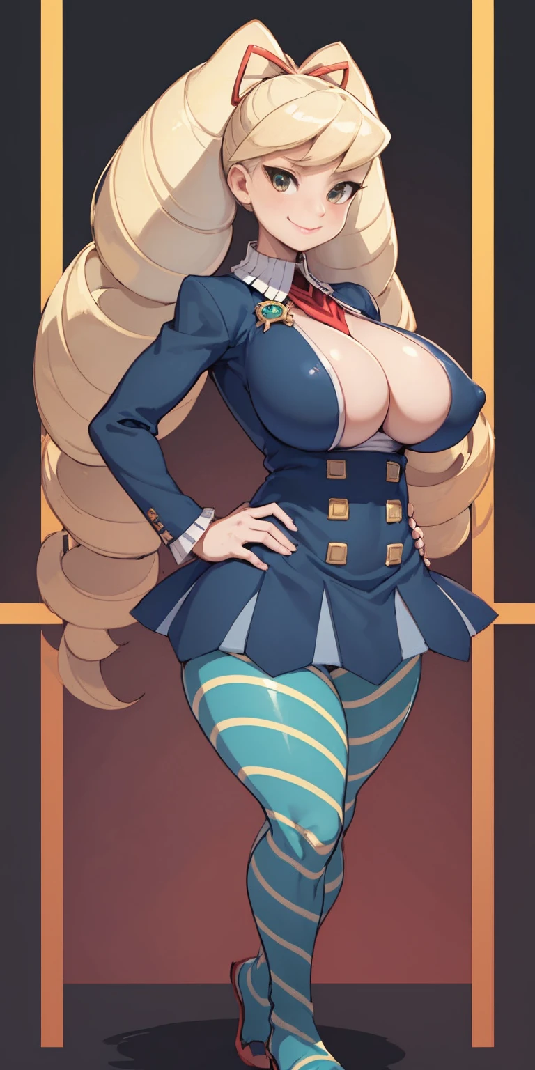 full body standing straight symmetrical, huge boob(masterpiece, best quality:1.2), cowboy shot, solo, 1MILF, mmplatz, smile, looking at viewer, hands on hips, twintails, twin drills, dress, blue pantyhose, striped pantyhose, Handcuffs on their hands, With a collar around the neck