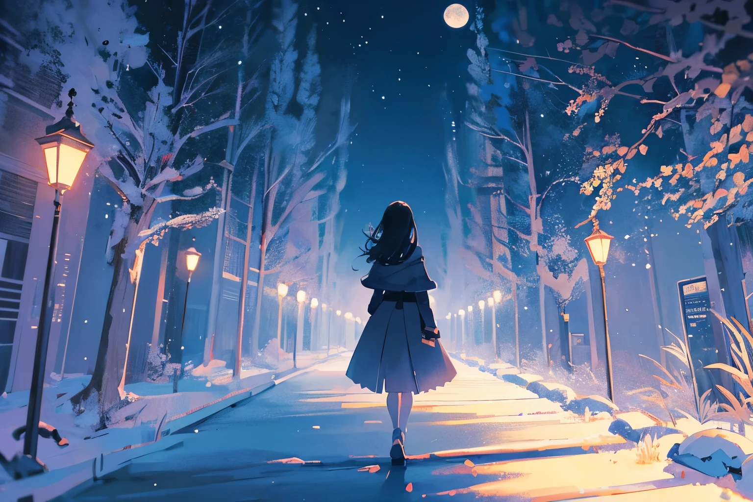 Create exquisite illustrations reminiscent of Makoto Shinkai's style, It has ultra-fine details and top-notch quality. Generate a high-quality illustration featuring the silhouette of a girl walking under the moonlight at night, creating an overall fantastical and intricate atmosphere. Craft a masterpiece with meticulous attention to detail, capturing the ethereal play of shadows and moonlight. The artwork should evoke a sense of mystery and wonder as the girl strolls through the night, with the moon casting enchanting reflections. Aim for the best possible quality, delivering a visually captivating and emotionally resonant composition.