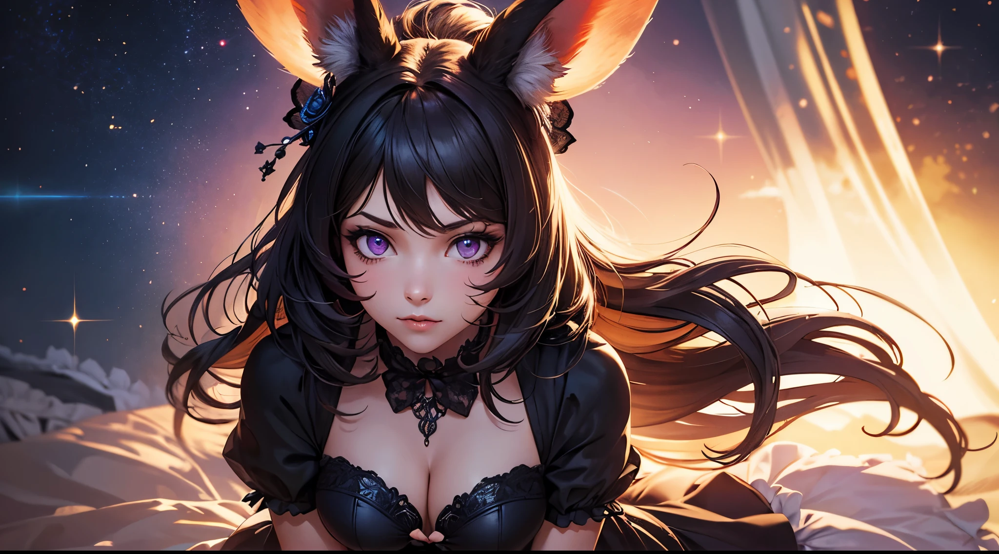 viera, 1 girl, ffxiv, final fanatsy xiv, cleavage, digital illustration, vibrant colors, soft lighting, perfect face, absurdres, ultrasharp, 8K, long hair, space buns, black hair, purple eyes, lolita dress, gothic