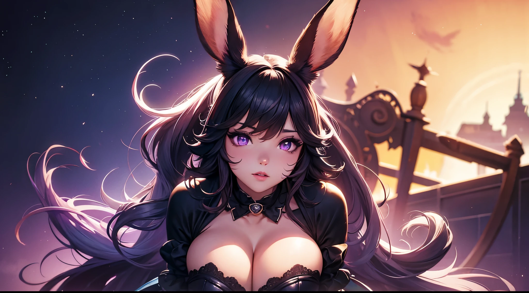 viera, ffxiv, final fanatsy xiv, cleavage, digital illustration, vibrant colors, soft lighting, perfect face, absurdres, ultrasharp, 8K, long hair, space buns, black hair, purple eyes, ta dress, gothic