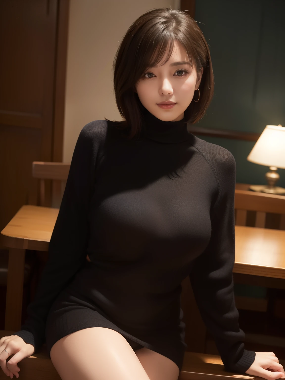 ((​masterpiece))、((top-quality))、a picture、Realisticity、high-level image quality、ultra-detailliert、married woman、age 40s、（Plump body）、Delicate facial features、short-hair、Realistic backgrounds and accessories、large full breasts、Sexy smile、（resturant）、Sit across from each other、tight v-shaped sweater、see -through、tight miniskirt、((darkened room))、((Indirect lighting only))、deepshadow、Zoom Shots、