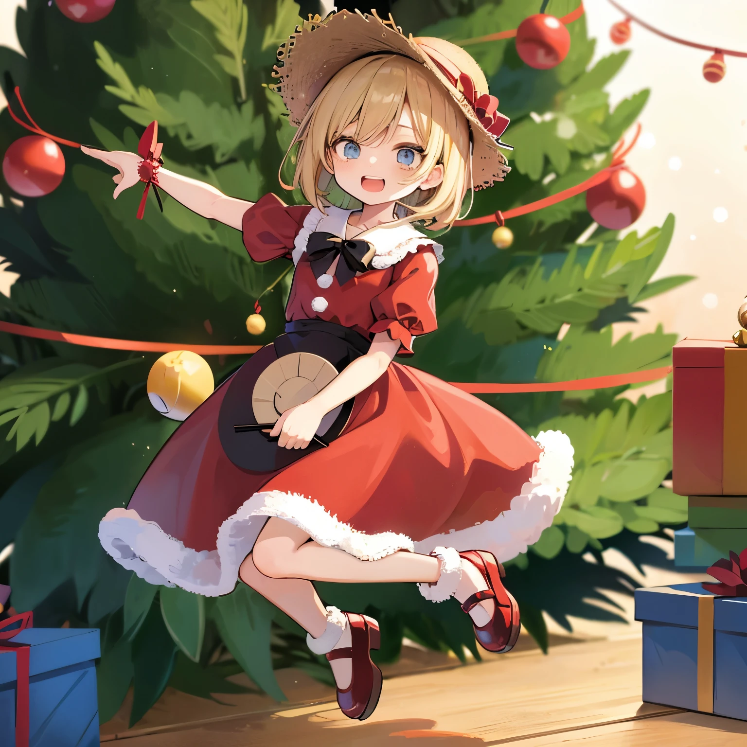 longshot、jumpping、Doll wearing a dress and straw hat、pop-up parade figures、anime figure、Christmas tree on background、Strong bokeh、Opens mouth and laughs、has a handbell in hand、Cute shoes with holly design