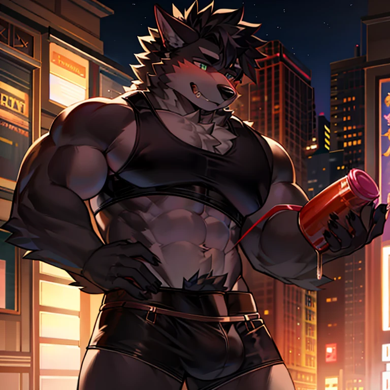 Effeminine, male furry, wearing lingerie, wearing crop top, all black, black fur, most muscular furry ever, crotch bulge, insanely drunk