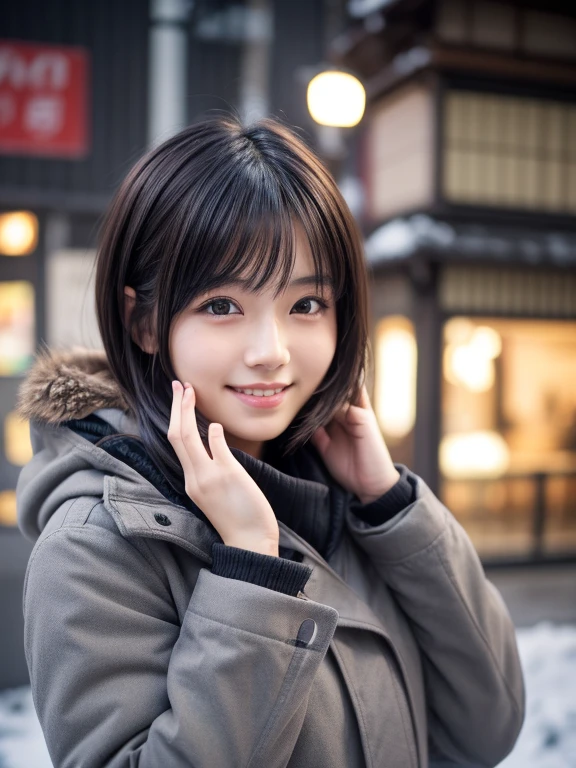(8k, RAW photo, best quality, masterpiece, ultra detailed:1.2),(realistic, photo-realistic:1.4), (extremely cute Japanese idol:1.2), 20 years old, (detailed skin, detailed face, detailed hands: 1.2), sharp focus, SIGMA 85mm f/1.4., depth of field, blur background, bokeh, cinematic lighting, soft light, pale skin, brown eyes, naughty smile, seductive, kawaii, looking at viewer, short straight black hair, gray parka, winter coat, random pose, urban town, winter
