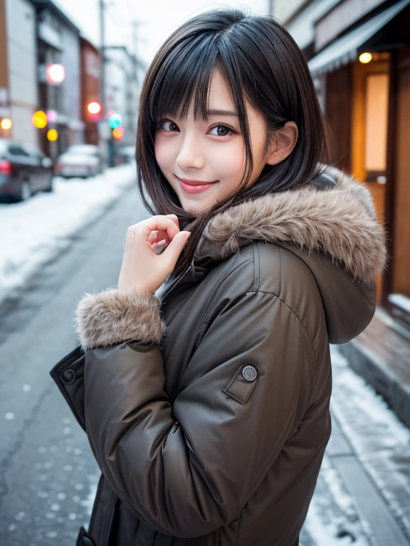 (8k, RAW photo, best quality, masterpiece, ultra detailed:1.2),(realistic, photo-realistic:1.4), (extremely cute Japanese idol:1.2), 20 years old, (detailed skin, detailed face, detailed hands: 1.2), sharp focus, SIGMA 85mm f/1.4., depth of field, blur background, bokeh, cinematic lighting, soft light, pale skin, brown eyes, naughty smile, seductive, kawaii, looking at viewer, short straight black hair, gray parka, winter coat, random pose, urban town, winter