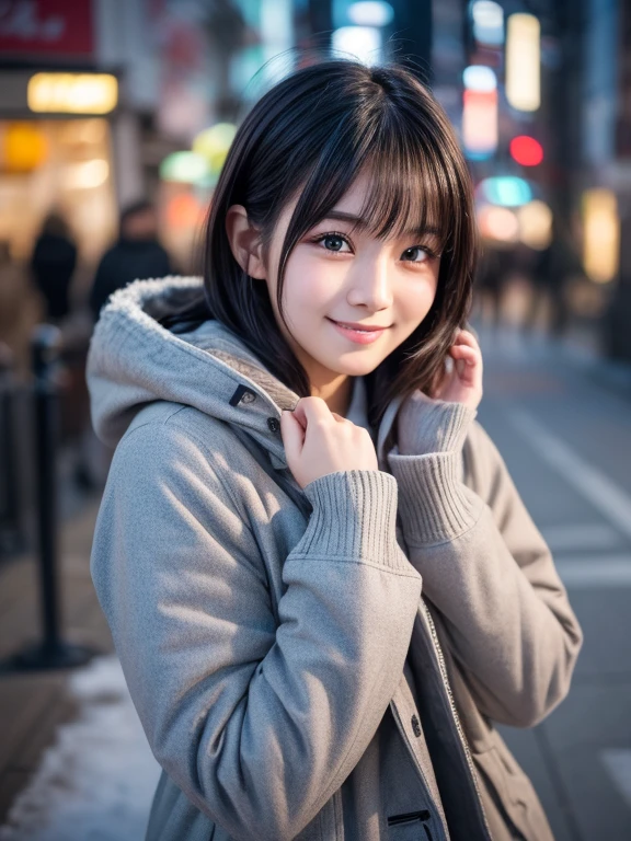 (8k, RAW photo, best quality, masterpiece, ultra detailed:1.2),(realistic, photo-realistic:1.4), (extremely cute Japanese idol:1.2), 20 years old, (detailed skin, detailed face, detailed hands: 1.2), sharp focus, SIGMA 85mm f/1.4., depth of field, blur background, bokeh, cinematic lighting, soft light, pale skin, brown eyes, naughty smile, seductive, kawaii, looking at viewer, short straight black hair, gray parka, winter coat, random pose, urban town, winter