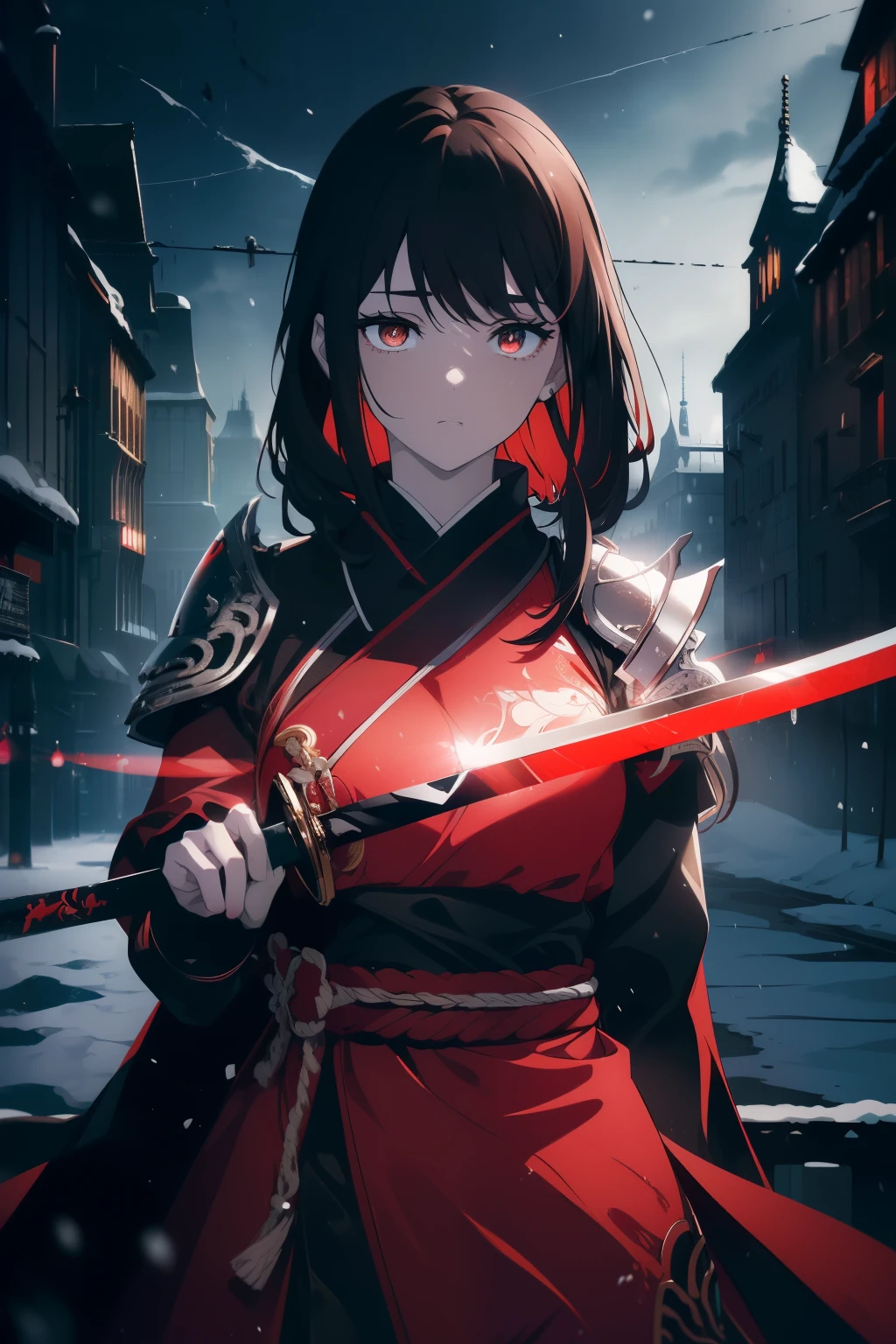((Obra maestra, La mejor calidad, ultrahigh resolution)), ((a girl in a suit of red samurai armor, standing confidently, ready to fight)), ((katanas on back, hand held katana, attacking viewer with katana)), (wind in hair), ((samurai , clad in red steel armor, red plate armor)), ((black hair, dark black hair)), long hair cut, pale skin, ((brown eyes)), ((glowing_eyes)), neon eyes, (ultra detailed eyes:0.7, beautiful and detailed face, detailed eyes:0.9), facing viewer, eye level, ((vibrant background, snowy landscape, cityscape, snowing, snow)), flat chested, looking at viewer, ((half closed eyes)), ((perfect hands)), (((head:1, arms, hips, elbows, in view))), ((hands behind back)), empty eyes, beautiful lighting, outside, outdoors, background, defined subject, 25 years old, (head tilt), (((a very beautiful, cool and lively image)))