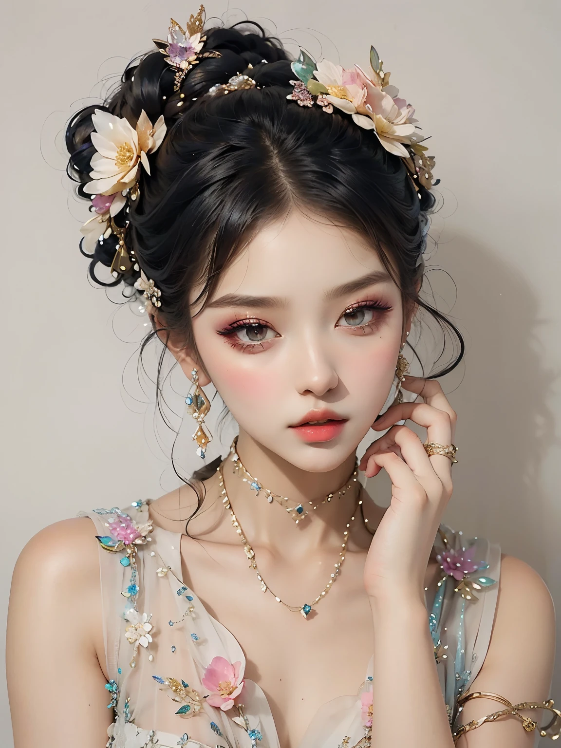 there is a woman with a flower crown on her head, Popular Korean makeup, Ethereal Flower Punk, The look of a fairy, Popular Korean makeup, EtherealBeauty, sakimicchan, beautiful aesthetic face, inspired by Yanjun Cheng, Fairy tale core, yanjun chengt, Inspired by Lanying, aesthetic portrait, gorgeous chinese models, Inspired by Tang Yifen