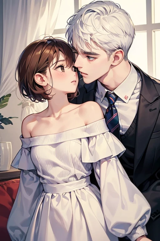 Male and female couples、Flirting、Intense kiss、girl with(White head hair,short-hair,kawaii、Embarrassed look,off-the-shoulder sweater,small tits:1.3),Handsome man in a suit,(Men in suits,well-muscled,Firm shoulder width, Brown hair,Boyish hairstyle,cool expression,tall, 33yo:1.2)、Background with（a room、a bed）、The time is midnight、Soft lighting