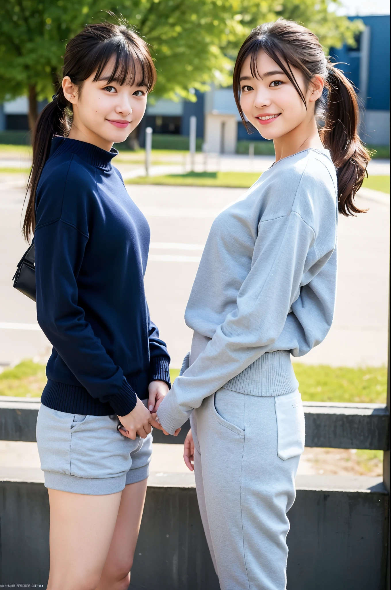 2 girls standing in school yard in winter,gray sweatsuit top,speedo-style navy blue knitted briefs,white high socks,18-year-old,bangs,a little smile,thighs,knees,crotch,low ponytail,from below