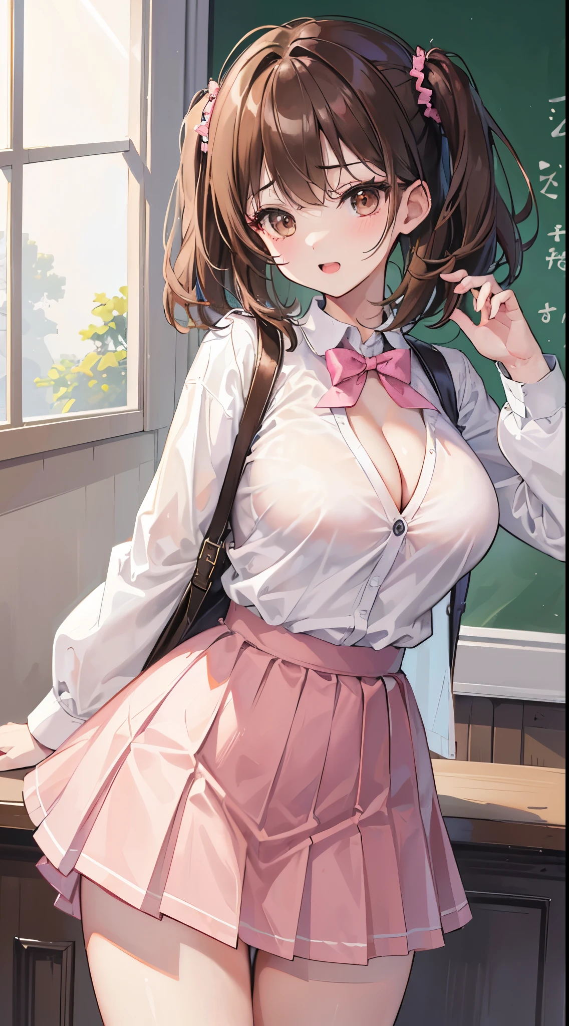 (8K、Top image quality、top-quality、masterpiece)、A detailed face、1 girl in、Medium hair、Light brown、((Two-side-up))、brown-eyed、Opens mouth and laughs、large full breasts、cleavage、((White shirt))、pink cardigan、Black Mini Pleated Skirt、Big ass、thighs、cowboy shot、Classroom Background