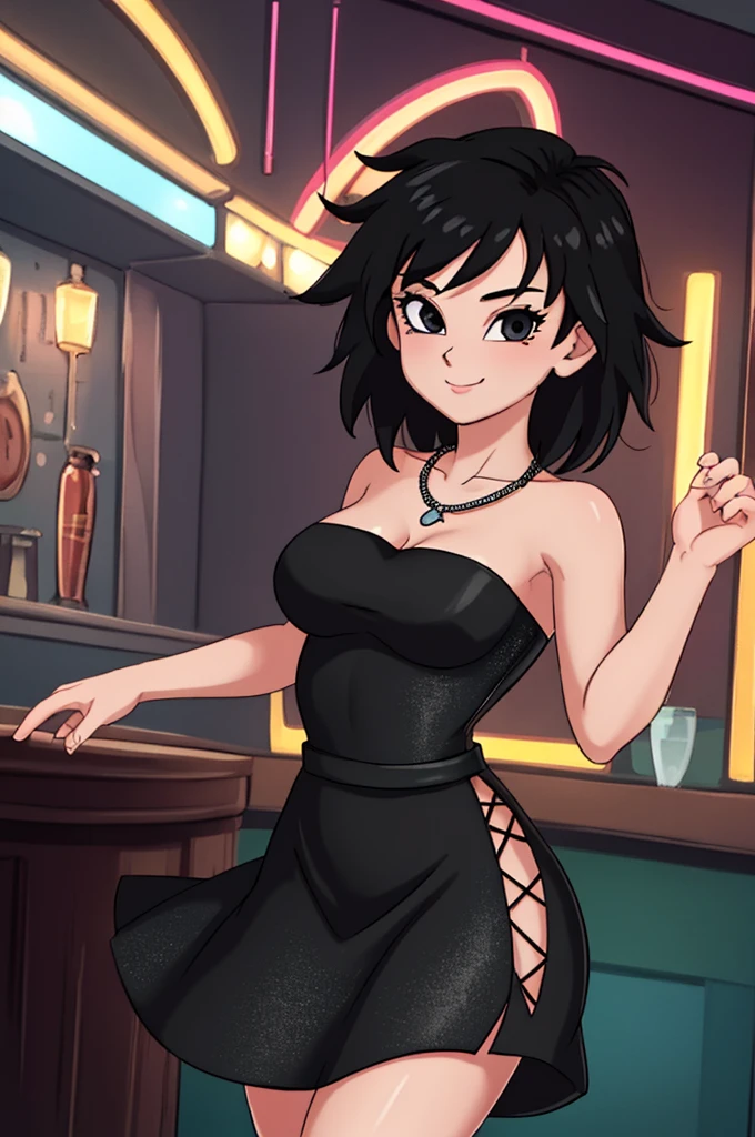(masterpiece:1.2), (best quality), (ultra detailed), (8k,4k),(half body:1.2), (cowboy:1.2), (highly detailed:1.2), (detailed face:1.2), (detailed background), Gine, 1 girl, solo, smile, looking at viewer, inside, nightclub, neon lights, full body, black hair, short hair, dancing, hands in the air, hands up, bare shoulder, bare arms, medium breast, necklace, looking at viewer, standing, strapless, short black dress, black sweetheart dress, black pencil skirt, close up,