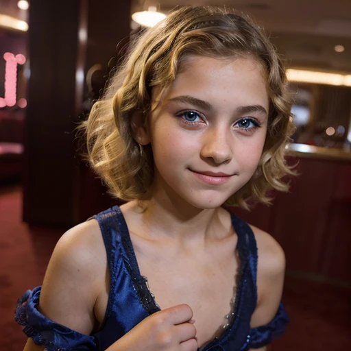 An unimaginably gorgeous (12-year-old female child:1.5) blonde with short curly hair and blue eyes smiling dressed like a prostitute in Vegas wearing make-up