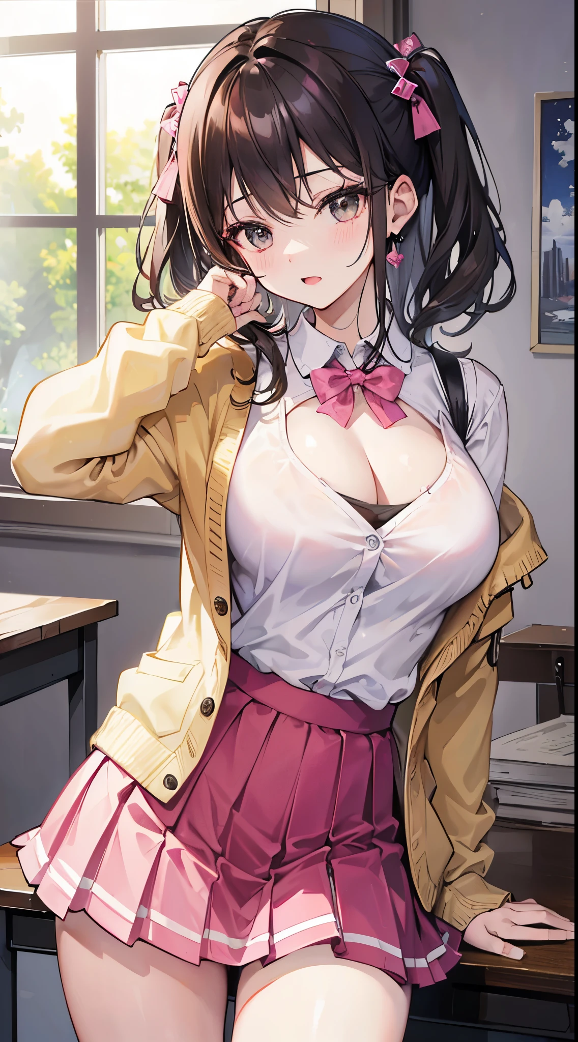 (8K、Top image quality、top-quality、​masterpiece)、A detailed face、1 girl in、Medium hair、Light brown、((Two-side-up))、brown-eyed、Opens mouth and laughs、large full breasts、cleavage、((White shirt))、((Wear a pink cardigan))、((Black Mini Pleated Skirt))、(Big ass)、thighs、cowboy  shot、Classroom Background