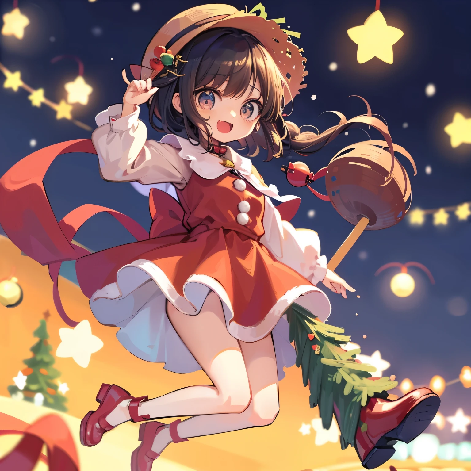 longshot、jumpping、Doll wearing a dress and straw hat、pop-up parade figures、anime figure、Christmas tree on background、Strong bokeh、Opens mouth and laughs、has a handbell in hand、Cute shoes with holly design