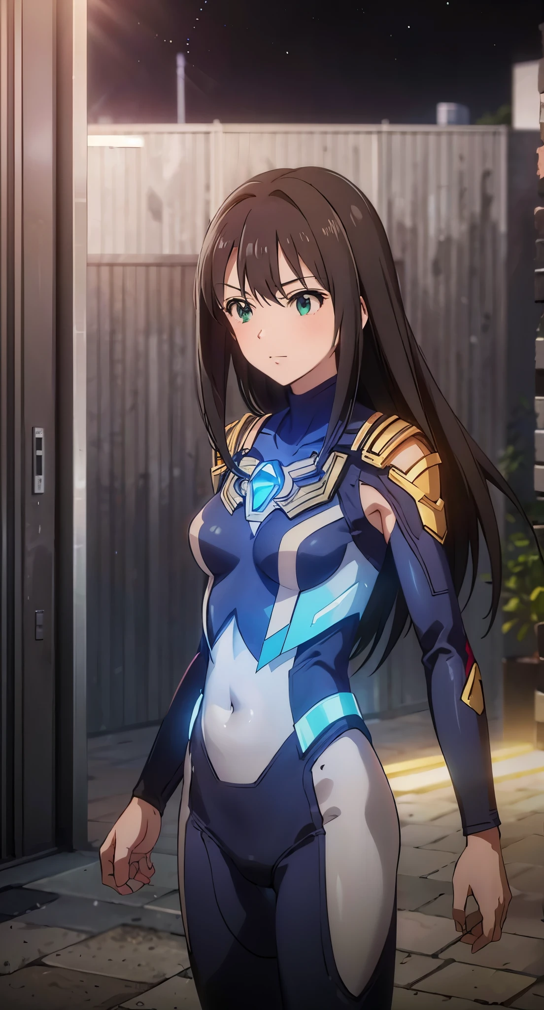 (masterpiece、top-quality、in 8K、hight resolution:1.2)、Alone、1girl in、 Rin Shibuya、taut clothes、cowboy shot、A slight smil、Hero Suit、body suit、tight suits、Trained abs、Trained biceps、(nffsw :1.0)、 ブルーウルトラマンbody suit、glowing gemstone on the chest、(Buildings:1.2)、nighttime scene