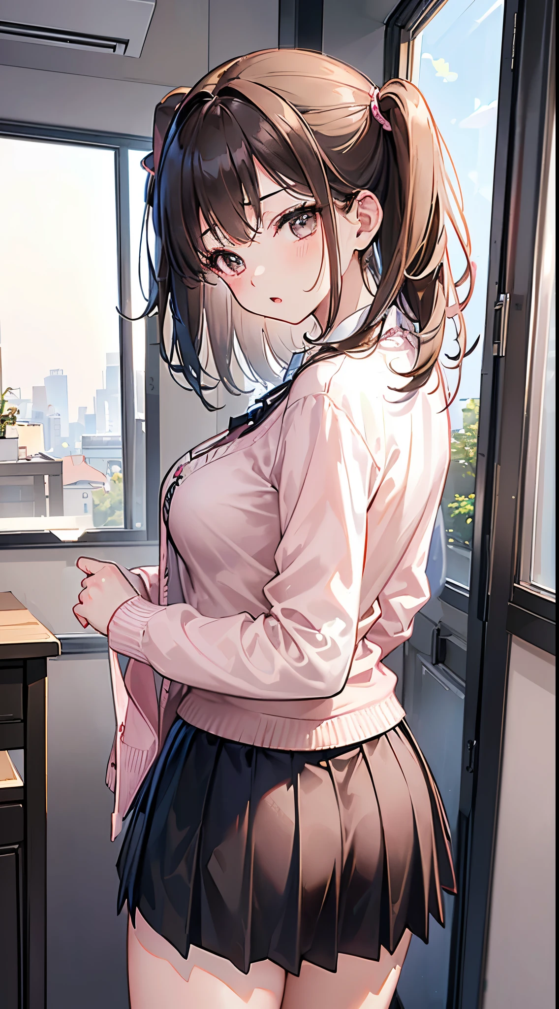 (8K、Top image quality、top-quality、​masterpiece)、A detailed face、1 girl in、Medium hair、Light brown、((Two-side-up))、brown-eyed、Opens mouth and laughs、large full breasts、((White shirt))、cleavage、((Wear a pink cardigan))、((Black Mini Pleated Skirt))、(Big ass)、thighs、cowboy  shot、Classroom Background