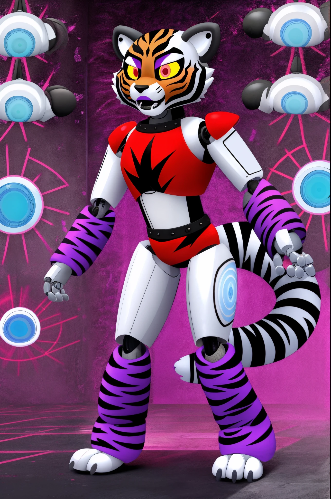female tigress, anthro, empty eyes, hypnotized, dazed, mind control, brainwashed, robot, full body