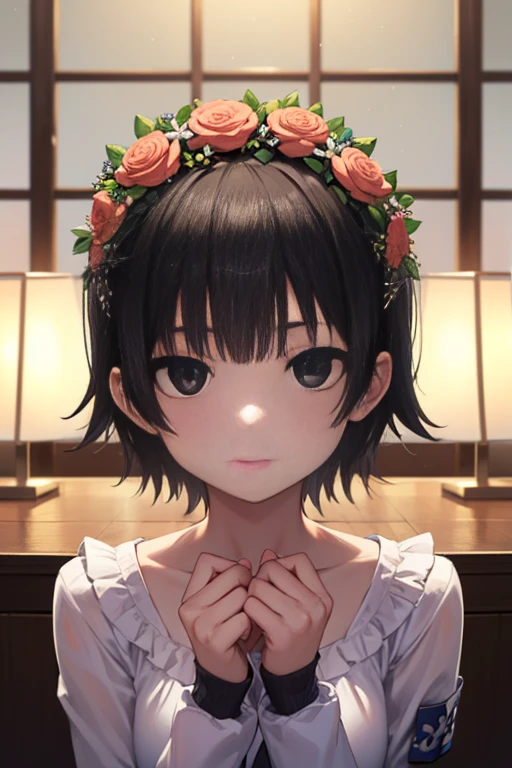 Uyhar Kazari, Uyhar Hazari, (Black eyes:1.5), Black hair, flower, hair flower, Hair Ornament, Head Leasing, Short hair,
BREAK armband, white frill dress，a miniskirt，茶色ショートブーツ
BREAK looking at viewer, Upper body, fullllbody,
BREAK indoors, crass room,
BREAK (masutepiece:1.2), Best Quality, High resolution, Unity 8k壁纸, (Illustration:0.8), (Beautiful detailed eyes:1.6), extra detailed face, Perfect Lighting, extremely details CG, (Perfect hands, Perfect Anatomy),