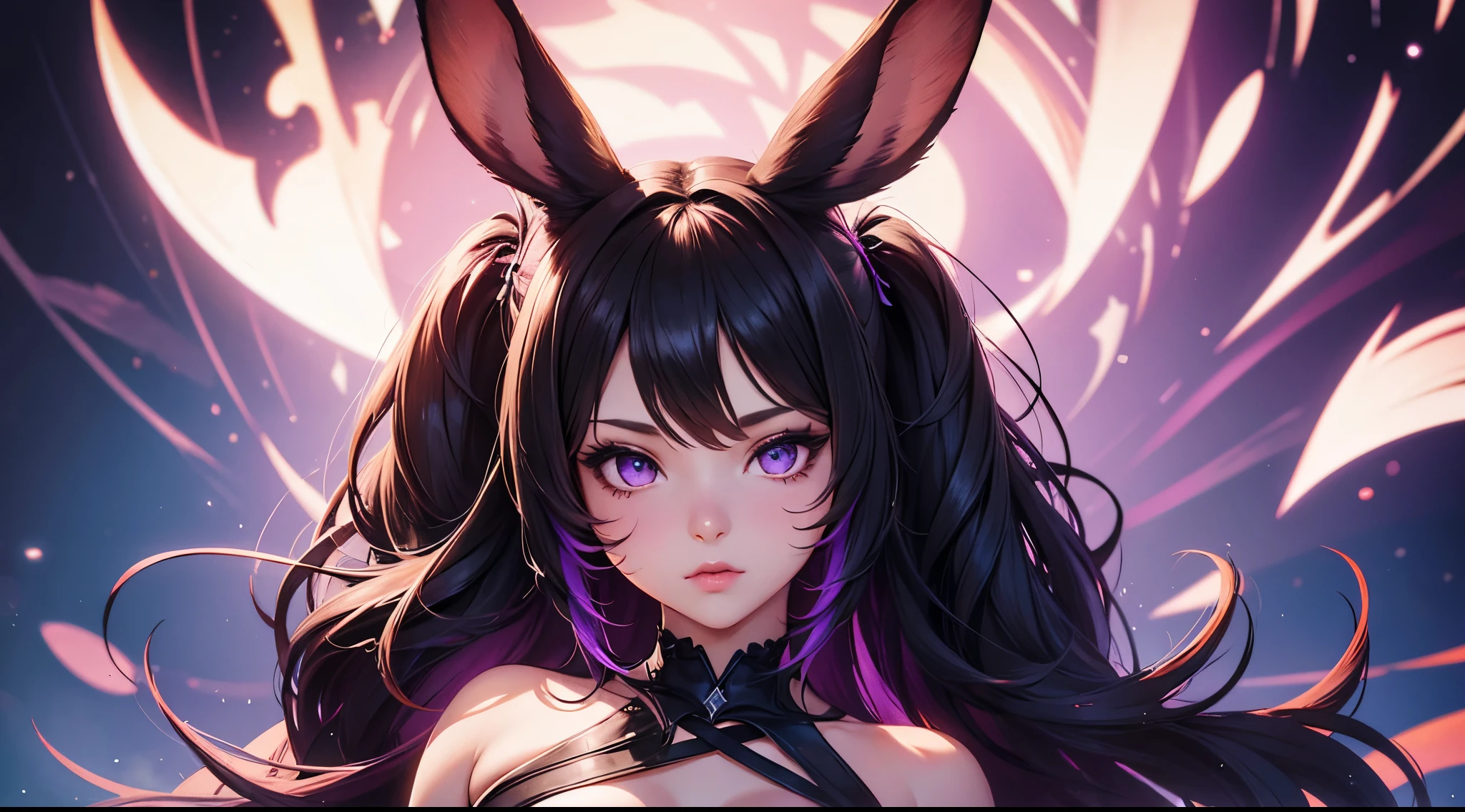 viera, ffxiv, final fanatsy xiv, cleavage, digital illustration, vibrant colors, soft lighting, perfect face, absurdres, ultrasharp, 8K, long hair, space buns, black hair, purple eyes, lolita dress, gothic