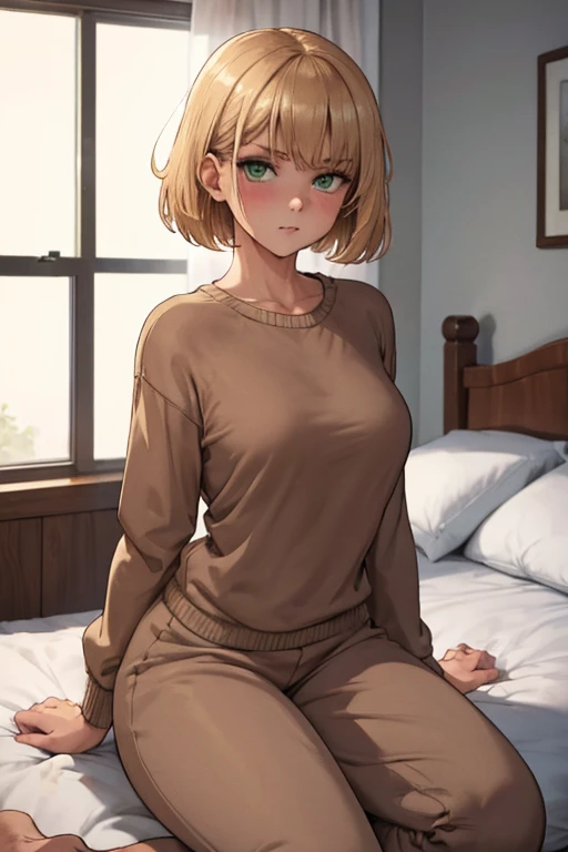1girl, short blonde hair, green eyes, wearing beige sweater, pink sweatpants, park, absurdres, high res, ultrasharp, 8k, masterpiece, looking at viewer, shy, blushing, nervous, awkward, cute, flat chested, sitting on bed