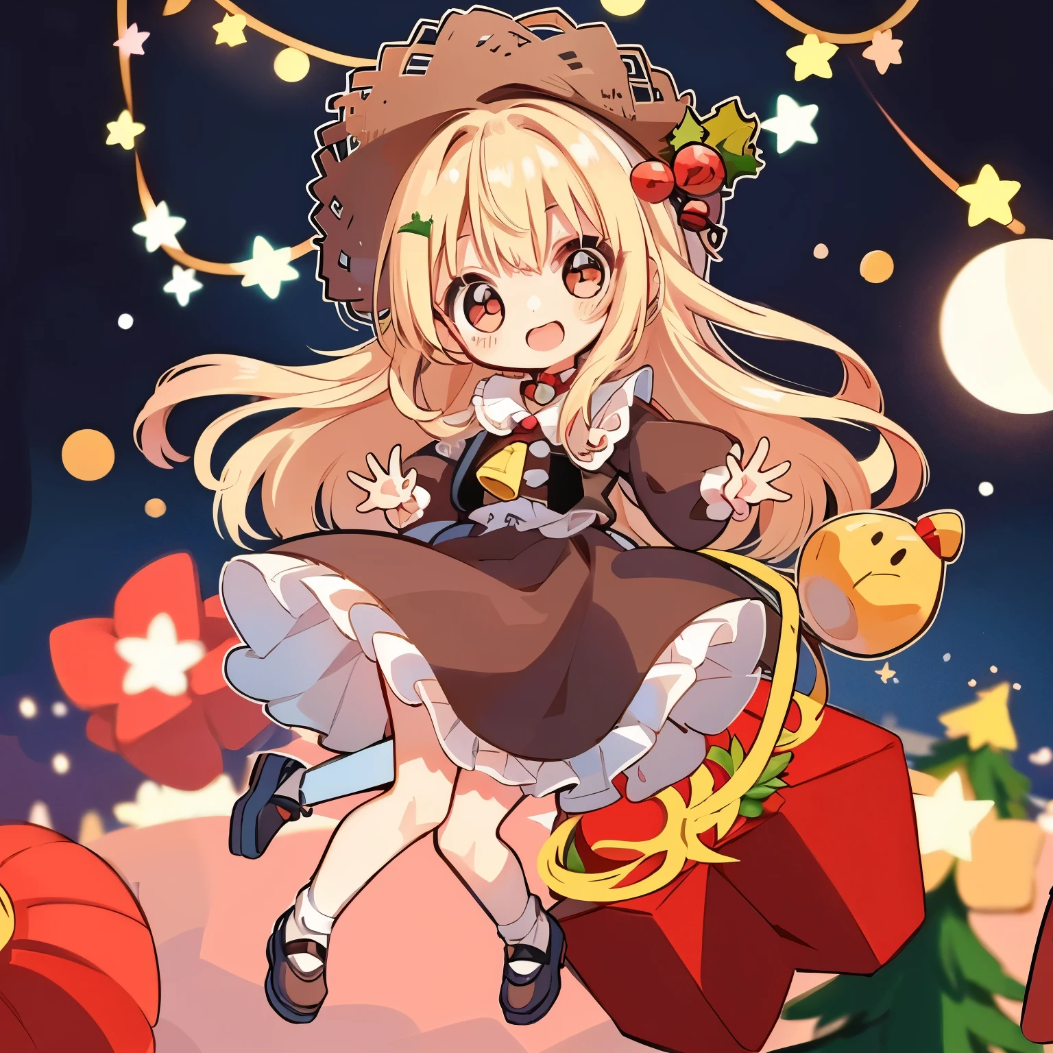 longshot、jumpping、Doll wearing a dress and straw hat、pop-up parade figures、anime figure、Christmas tree on background、Strong bokeh、Opens mouth and laughs、has a handbell in hand、Cute shoes with holly design