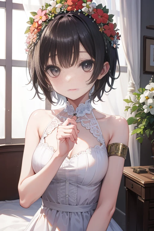 Uyhar Kazari, Uyhar Hazari, (Black eyes:1.5), Black hair, flower, hair flower, Hair Ornament, Head Leasing, Short hair,
BREAK armband, white frill dress，a miniskirt，茶色ショートブーツ
BREAK looking at viewer, Upper body, fullllbody,
BREAK indoors, crass room,
BREAK (masutepiece:1.2), Best Quality, High resolution, Unity 8k壁纸, (Illustration:0.8), (Beautiful detailed eyes:1.6), extra detailed face, Perfect Lighting, extremely details CG, (Perfect hands, Perfect Anatomy),