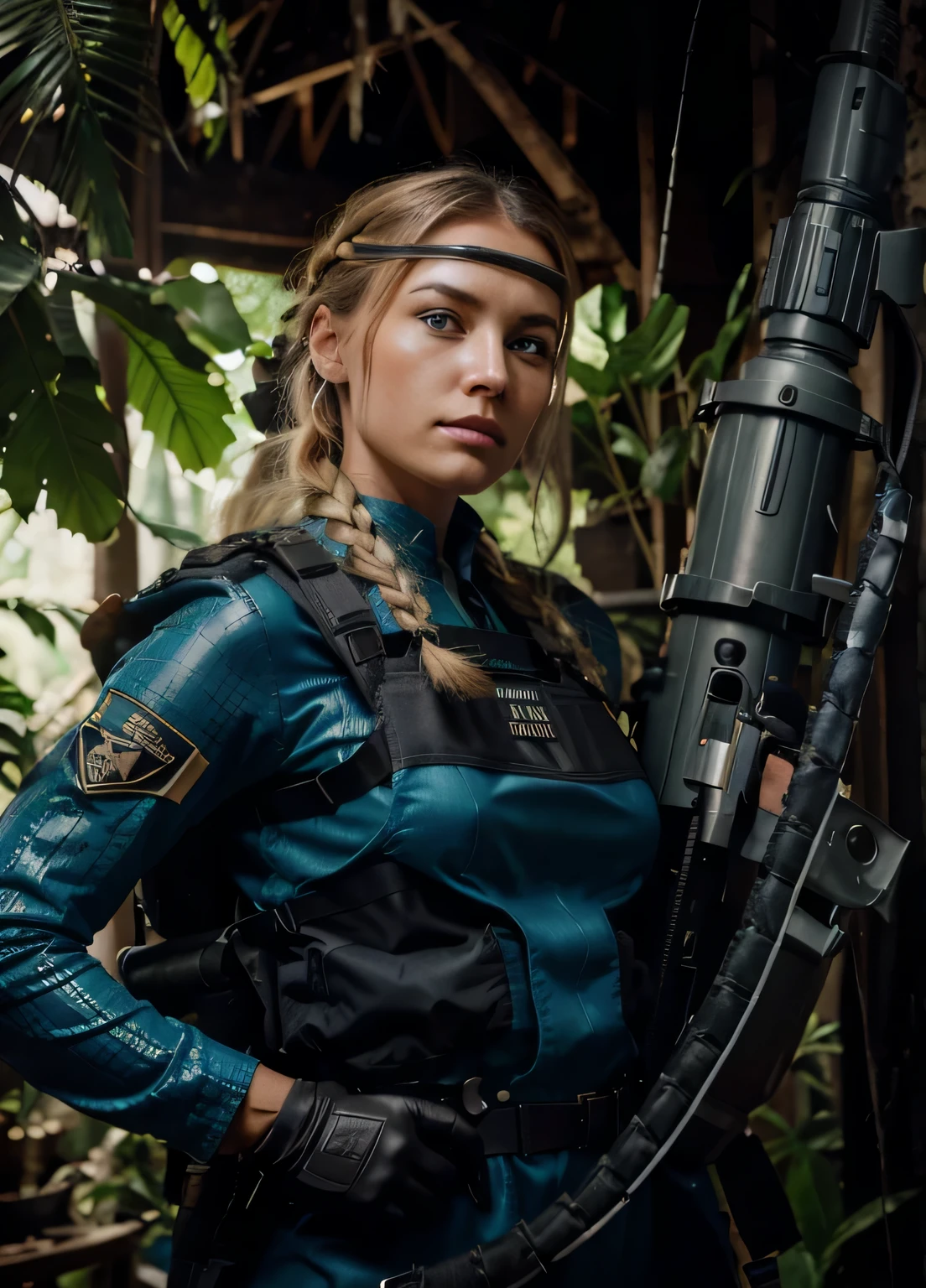 Hermosa mujer soldado, Cara alemana, piel blanca, pelo largo trenzado rubio claro, muscular, gray-blue fitted military uniform, Chaleco antibalas pesado, Belt with ammunition, Belt with camera, sensors and microphone., manos enguantadas, Carry a large railgun., A tube comes out of the weapon that goes to a battery that he carries on his back.., she is in a very detailed jungle, 4k, Ultra detallado image, realista, Altamente detallado, perfect composition, splendid, Intrincadamente detallado, Incredibly detailed, 8 k artistic photography, hiper detallado, Obra maestra, Ultra detallado, Hyper realista, 4k, Ultra detallado image, realista, Altamente detallado, perfect composition, splendid, Intrincadamente detallado, Incredibly detailed, 8 k artistic photography, hiper detallado, Obra maestra