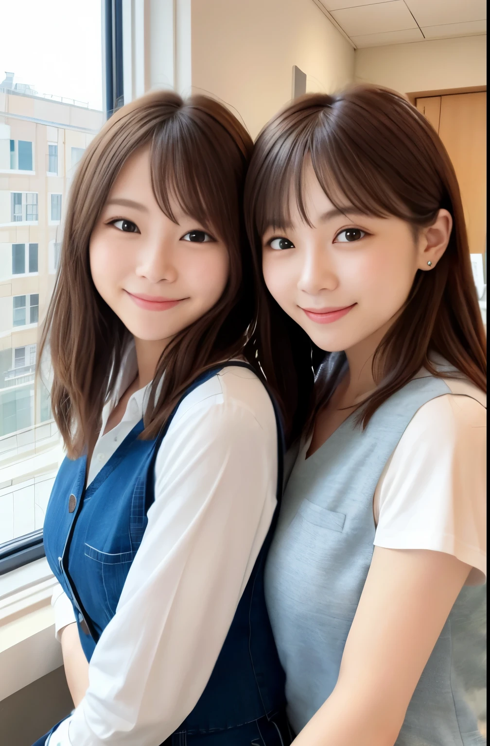 女の子1人、a matural female、vests、、逼真、top-quality、adopt、A detailed face、a smile:1.5、Brown hair、s Office、Building from the window、细致背景、Diffused sunlight、depth of fieldokeh、Face when you are with someone you like、1.25、perfect