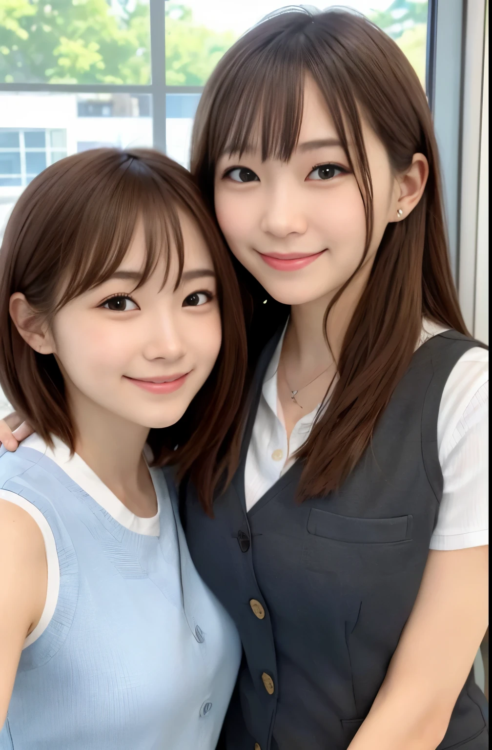 女の子1人、a matural female、vests、、逼真、top-quality、adopt、A detailed face、a smile:1.5、Brown hair、s Office、Building from the window、细致背景、Diffused sunlight、depth of fieldokeh、Face when you are with someone you like、1.25、perfect