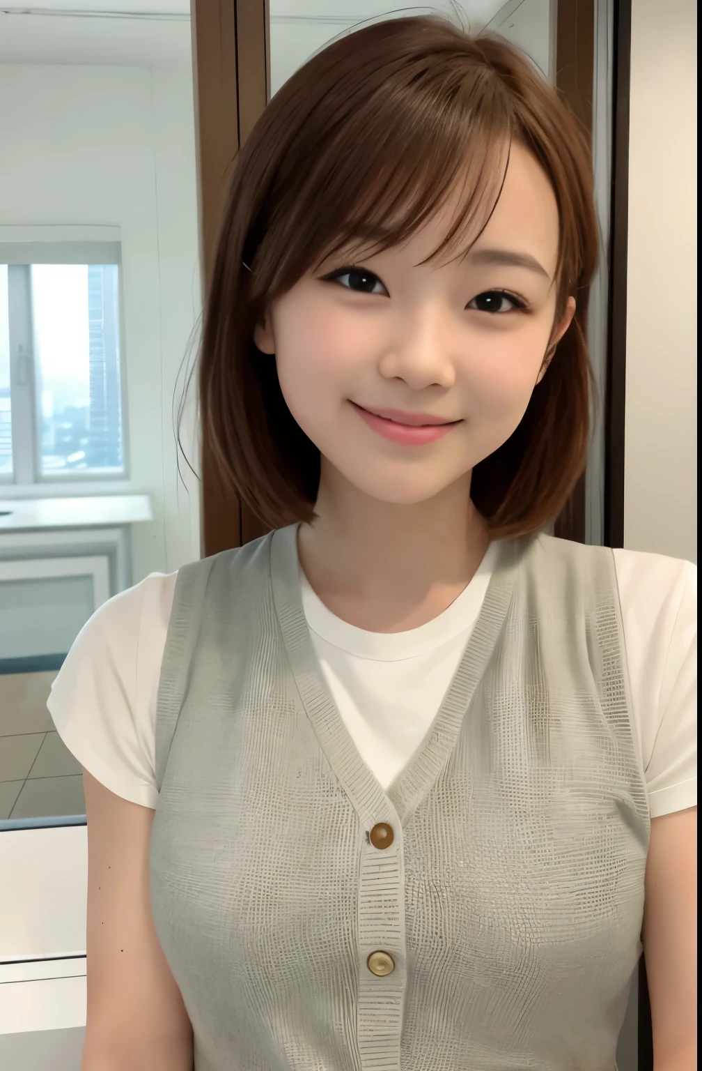 女の子1人、a matural female、vests、、逼真、top-quality、adopt、A detailed face、a smile:1.5、Brown hair、s Office、Building from the window、细致背景、Diffused sunlight、depth of fieldokeh、Face when you are with someone you like、1.25、perfect