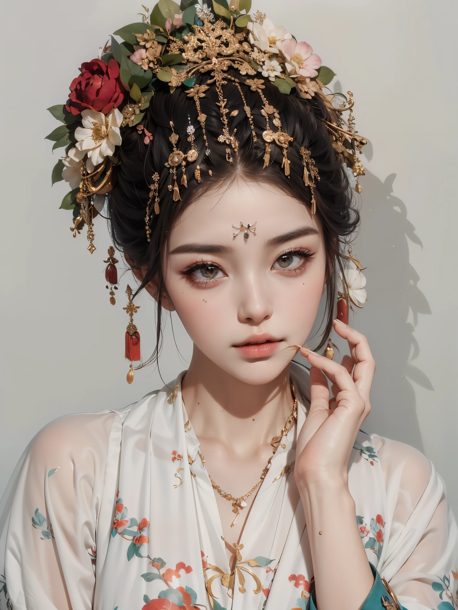 there is a woman with a flower crown on her head, Popular Korean makeup, Ethereal Flower Punk, The look of a fairy, Popular Korean makeup, EtherealBeauty, Sam rice cereal, beautiful aesthetic face, inspired by Yanjun Cheng, Fairy tale core, yanjun chengt, Inspired by Lanying, aesthetic portrait, gorgeous chinese models, Inspired by Tang Yifen