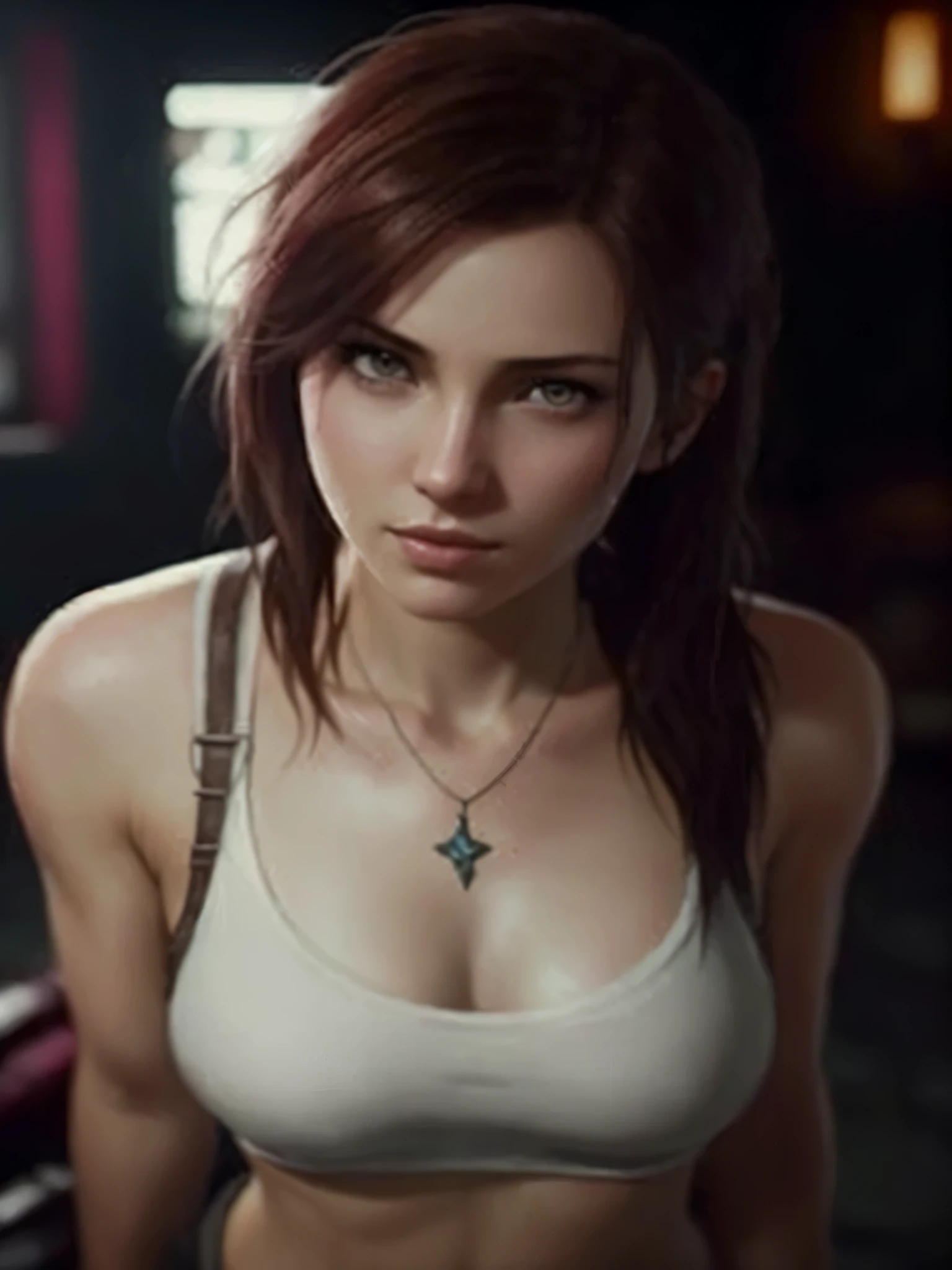 a woman with a white top and a necklace standing in a dark room, cgsociety 4k”, the best on cgsociety, highly detailed cgsociety, tomb raider beautiful, ultra realistic concept art, best of artstation, full of glass. cgsociety, lara croft, dawn cgsociety, [ trending on cgsociety ]!!, portrait of lara croft