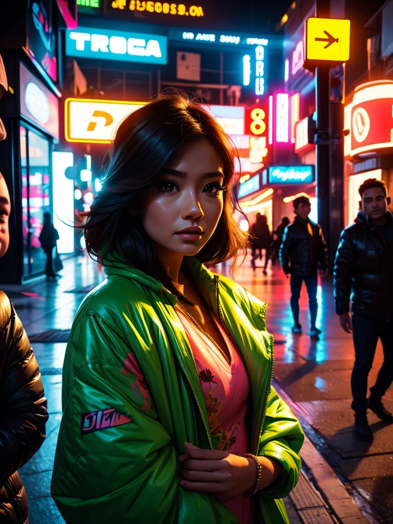 a pretty woman in a neon firegami dress in the streets, hdr pro digital studio portrait, young, front, highly detailed, clear, high quality, hyper-detailed, 4k, ultra smooth, cinematic lighting, lighting on the face, pink glow