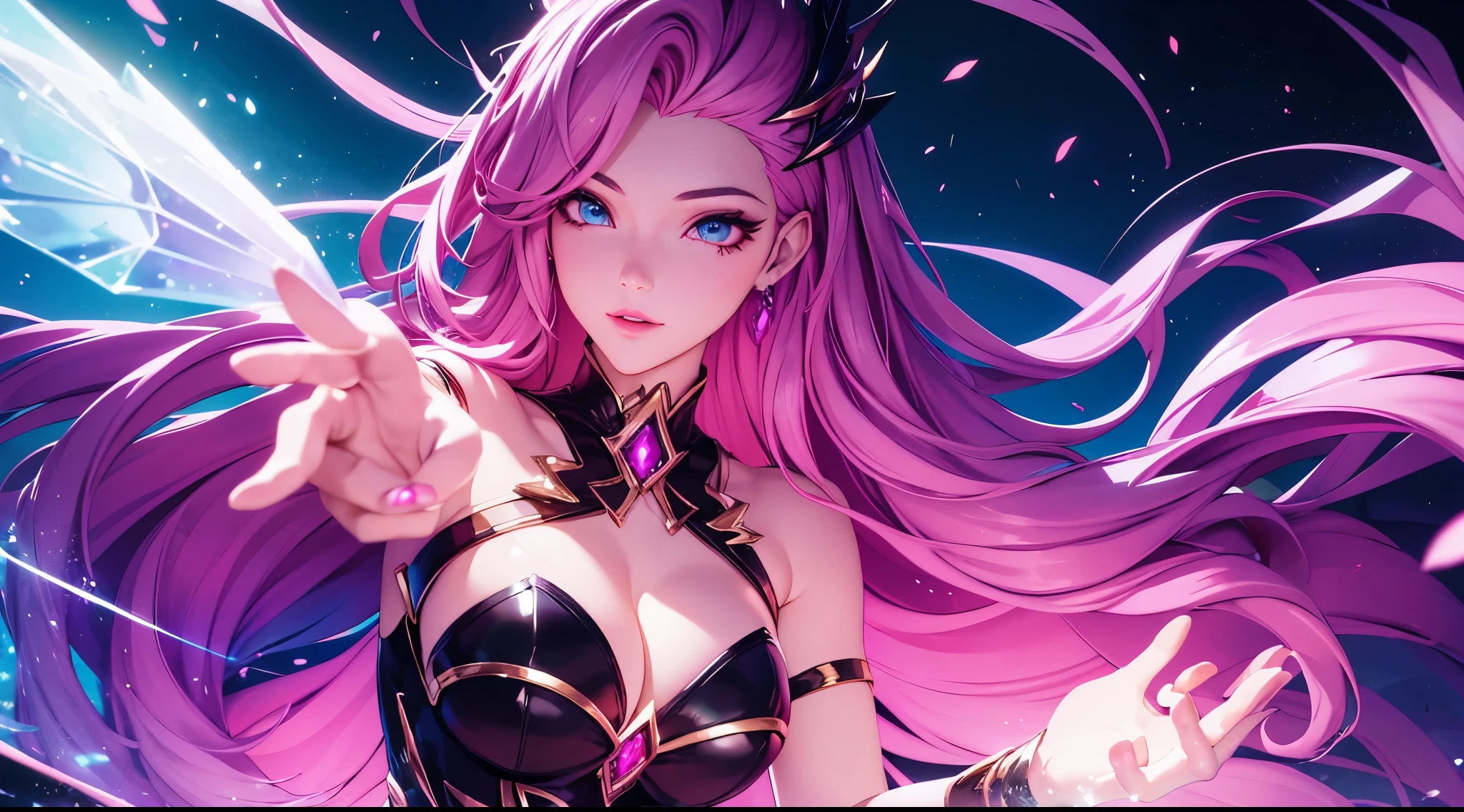 seraphine1, league of legends, pink hair, cleavage, digital illustration, vibrant colors, soft lighting, glowing effects, perfect face, glowing effects, absurdres, ultrasharp, 8K, long hair, black long dress, long veil, sythe pose, necromancer, purple effects